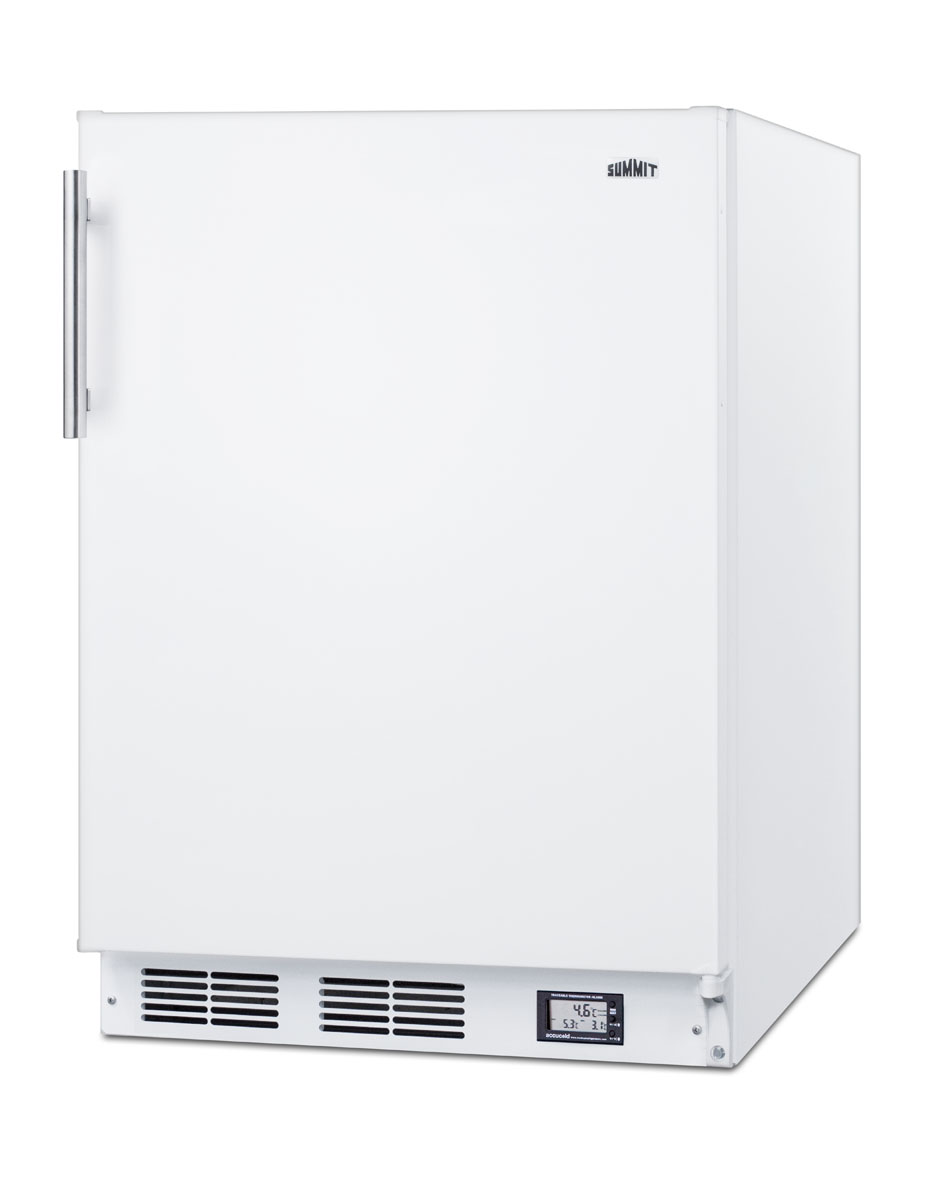 Counter height break room refrigerator-freezer in white with NIST calibrated thermometer and alarm